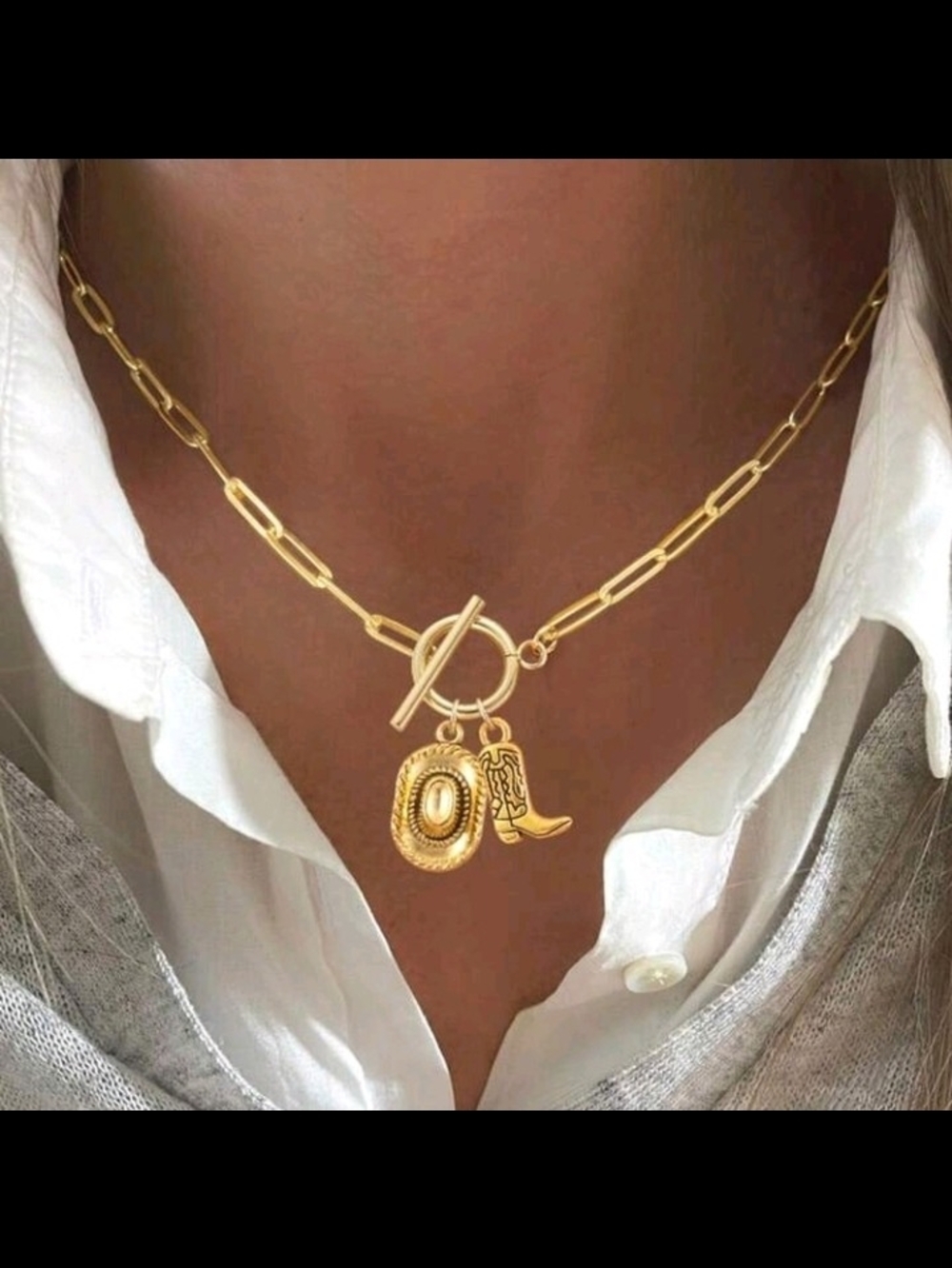 Gold Cowboy Hat & Boot Charm Paperclip Necklace - Women's Gold Necklace